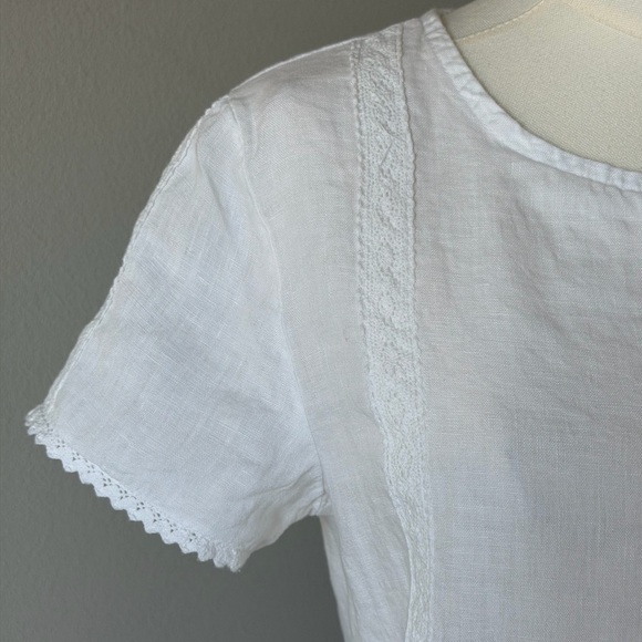 Chic Laura Bianchi White Linen Back Buttons Lace Trim Short Sleeve Women's Top-S - Picture 4 of 15